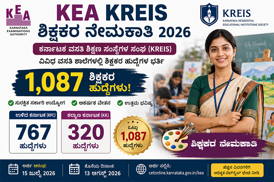 KEA KREIS ಶಿಕ್ಷಕರ ನೇಮಕಾತಿ 2026: 1,087 ಶಿಕ್ಷಕರ ಹುದ್ದೆಗಳ ಭರ್ತಿ – ಚಿತ್ರಕಲಾ ಶಿಕ್ಷಕರಿಗೂ ಉತ್ತಮ ಅವಕಾಶ